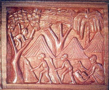 Sculptures en bois de l'pope Nsonga Lianja sur la porte de la bibliothque